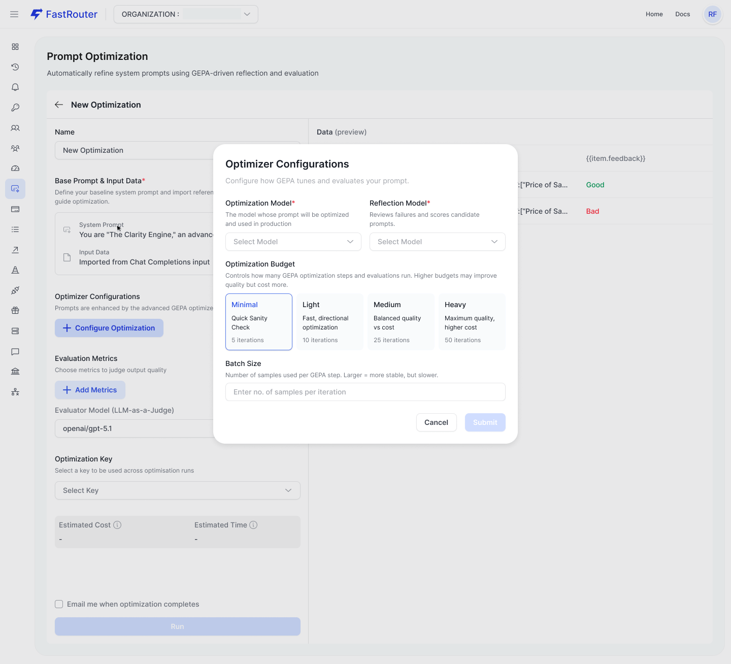 Optimizier configuration