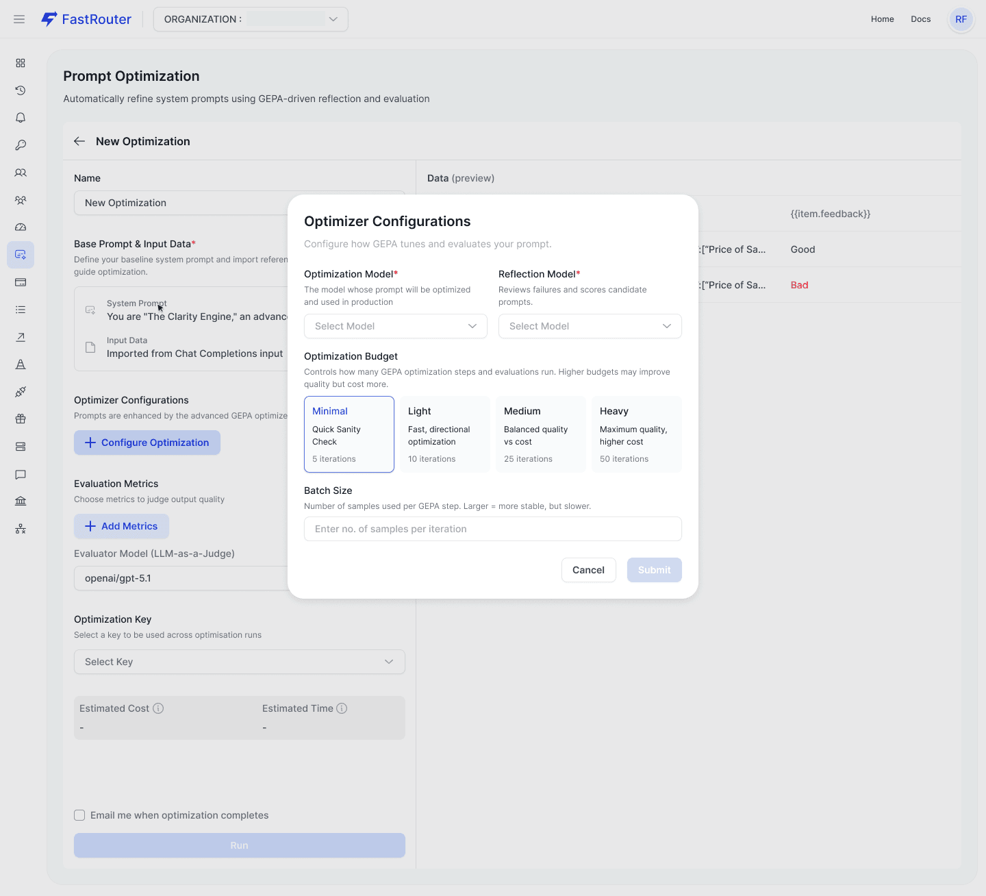 Optimizier configuration